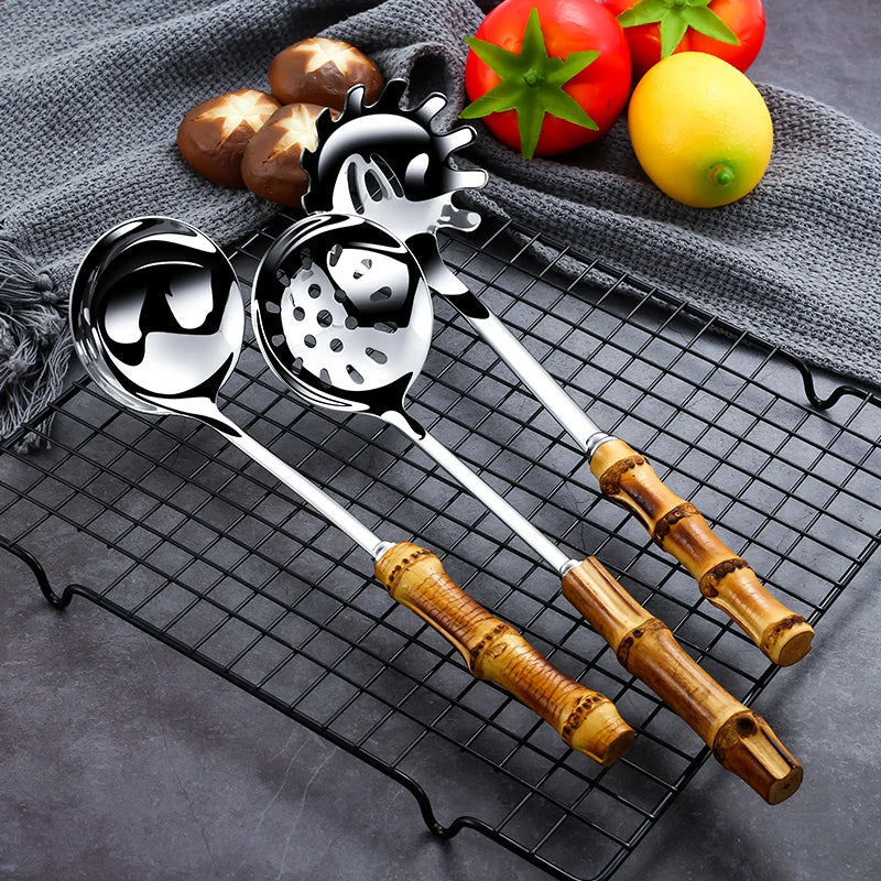 EcoNest Kitchen Bamboo Handle Stainless Steel Colander Spoon for noodles and soup