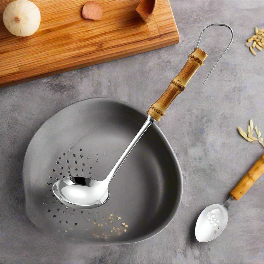 EcoNest Kitchen Bamboo Handle Stainless Steel Colander Spoon for noodles and soup