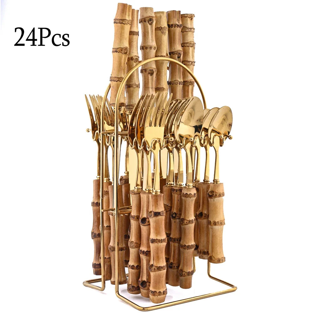 EcoNest Kitchen 24-Piece Bamboo Handle Stainless Steel Cutlery Set with mirror finish