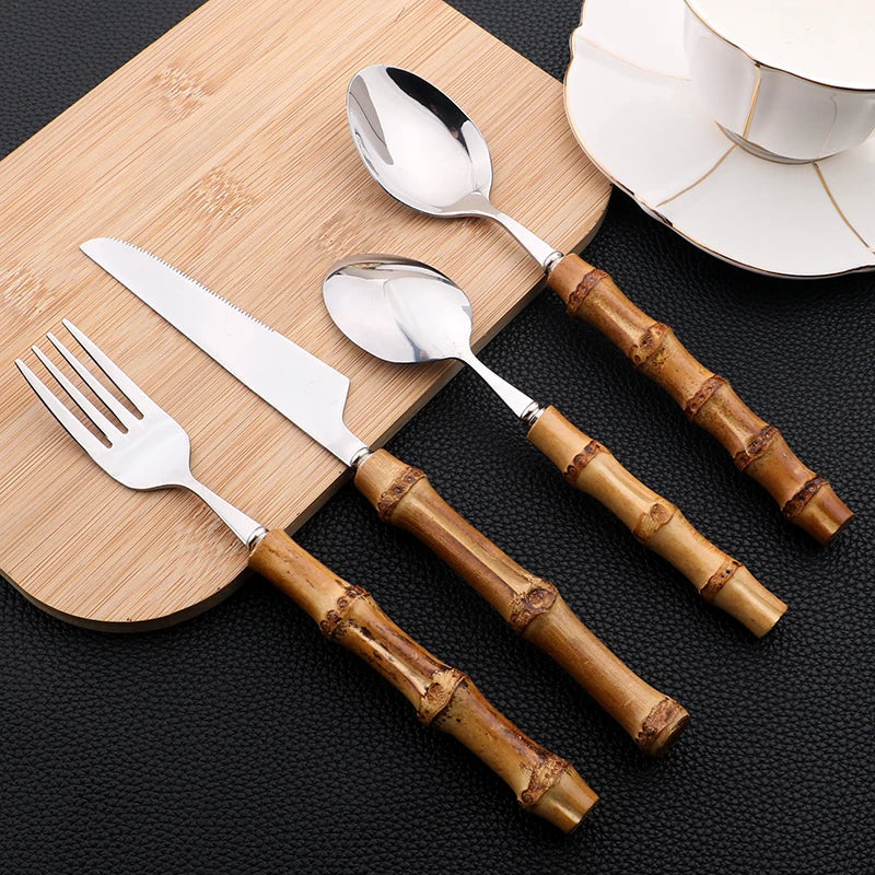 EcoNest Kitchen 24-Piece Bamboo Handle Stainless Steel Cutlery Set with mirror finish