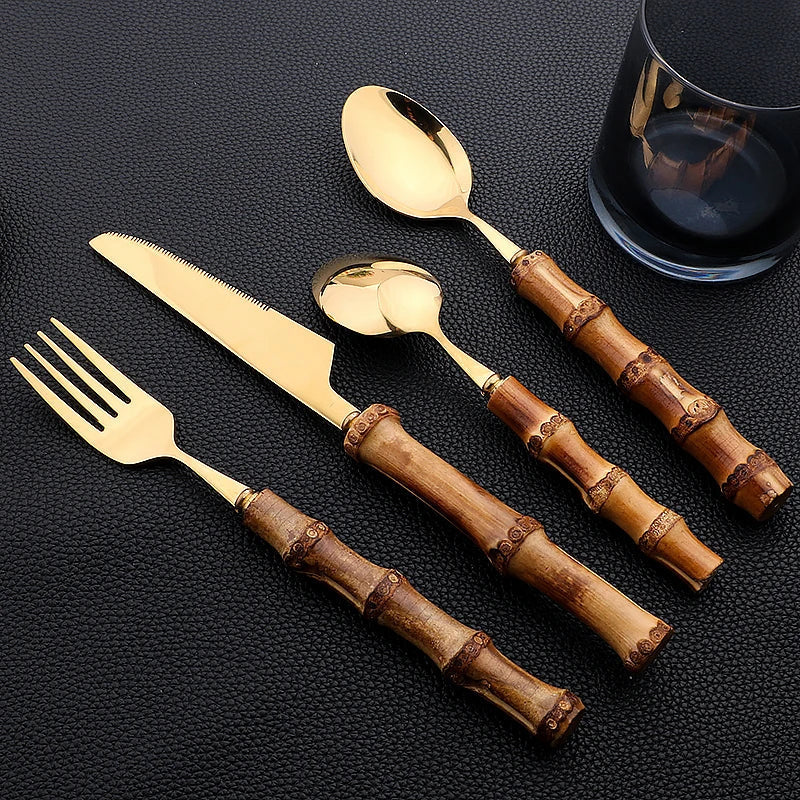 EcoNest Kitchen 24-Piece Bamboo Handle Stainless Steel Cutlery Set with mirror finish