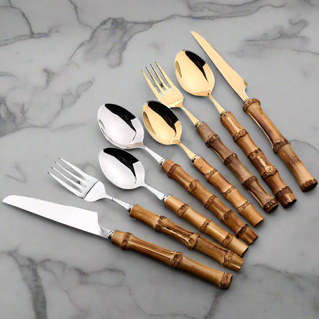 EcoNest Kitchen 24-Piece Bamboo Handle Stainless Steel Cutlery Set with mirror finish