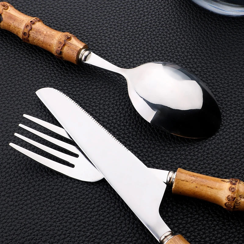 EcoNest Kitchen 24-Piece Bamboo Handle Stainless Steel Cutlery Set with mirror finish