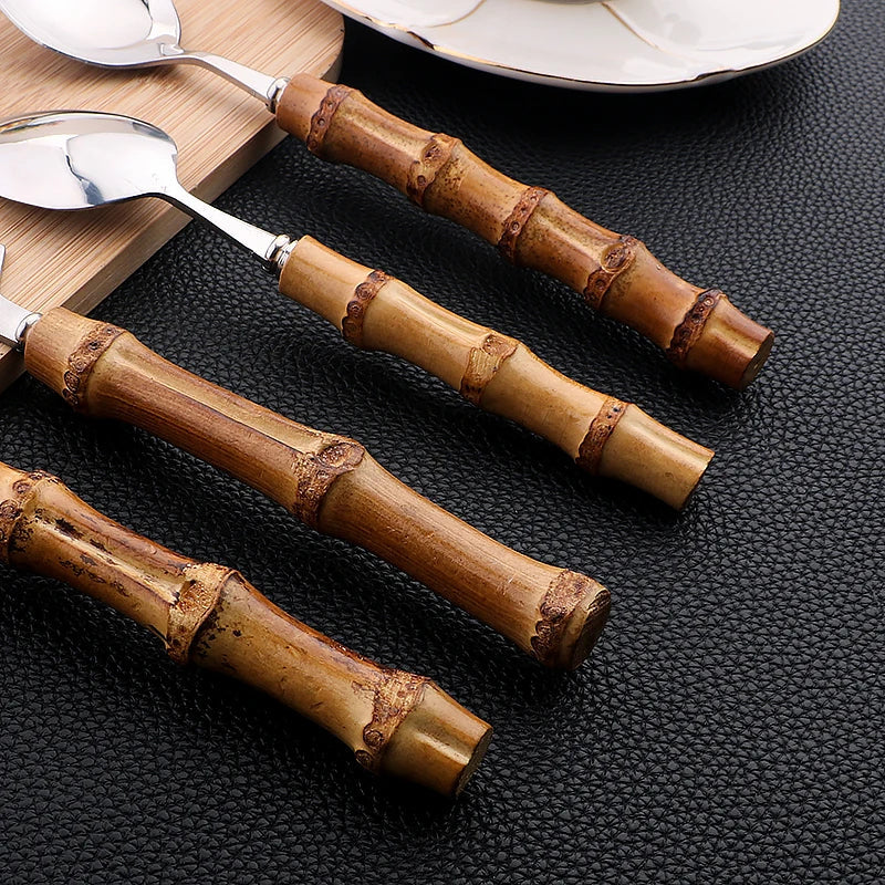 EcoNest Kitchen 24-Piece Bamboo Handle Stainless Steel Cutlery Set with mirror finish