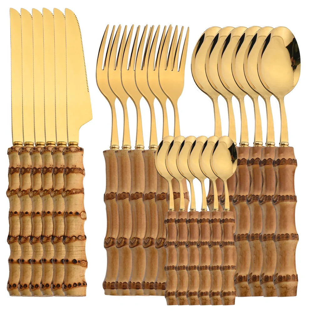 EcoNest Kitchen 24-Piece Bamboo Handle Stainless Steel Cutlery Set with mirror finish