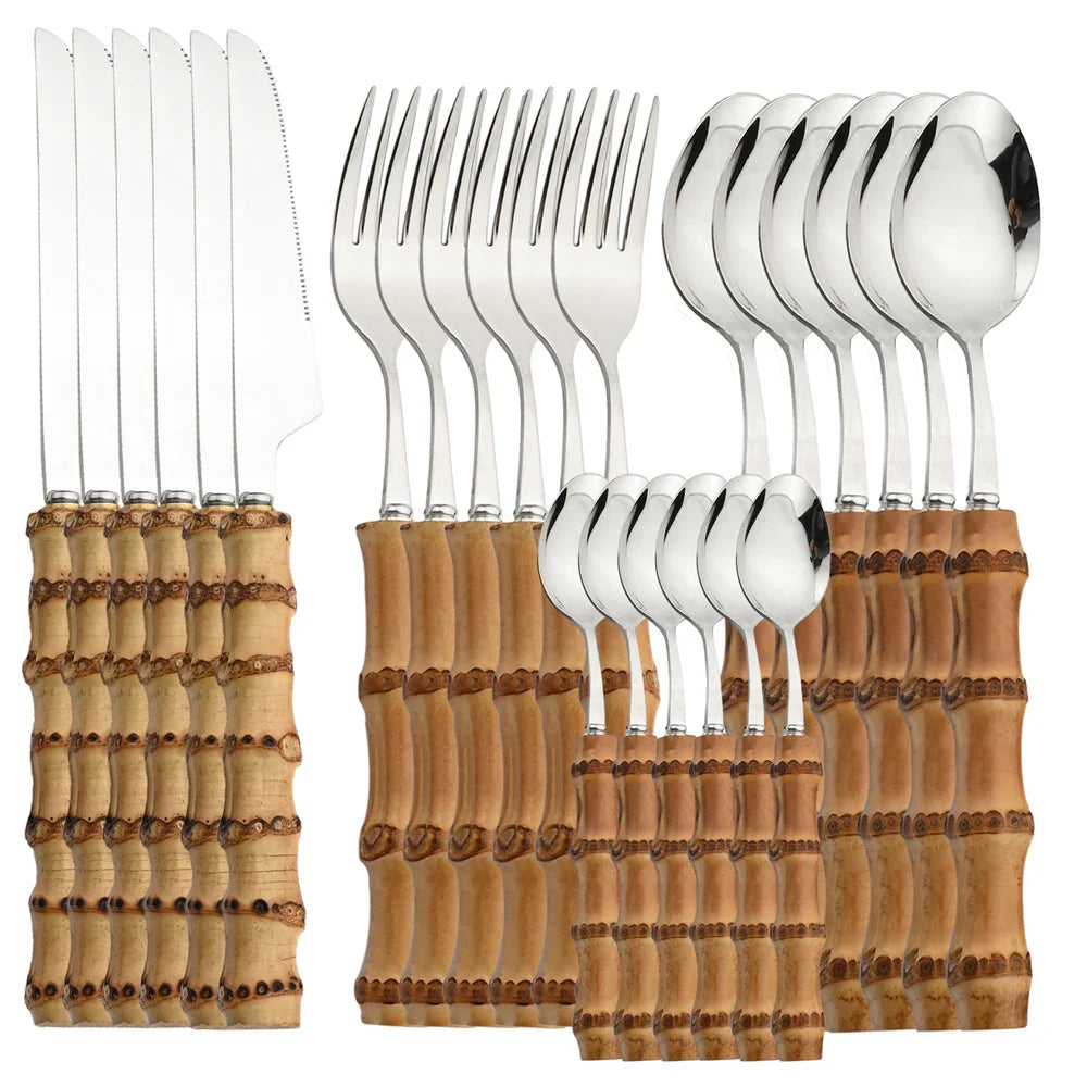 EcoNest Kitchen 24-Piece Bamboo Handle Stainless Steel Cutlery Set with mirror finish