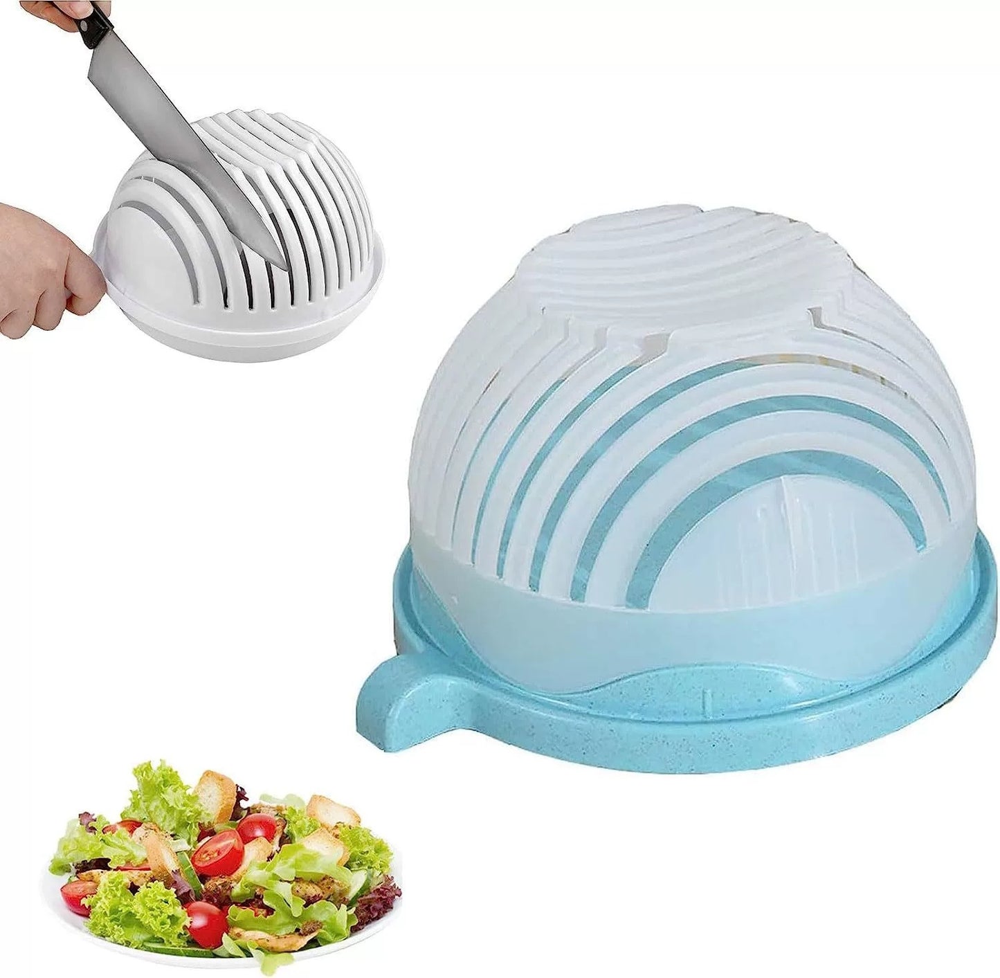 Salad spinner with a bowl of salad on a white background