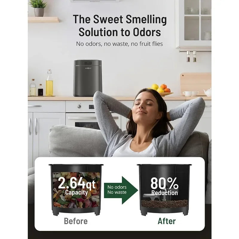 EcoNest Kitchen Smart Waste Kitchen Composter placed on a modern kitchen countertop, demonstrating its eco-friendly design and compact size for efficient indoor use.