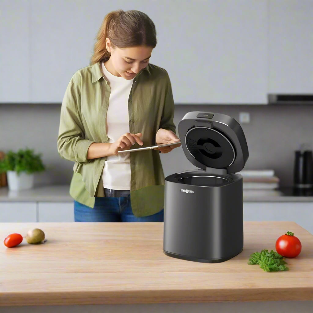 EcoNest Kitchen Smart Waste Kitchen Composter placed on a modern kitchen countertop, demonstrating its eco-friendly design and compact size for efficient indoor use.