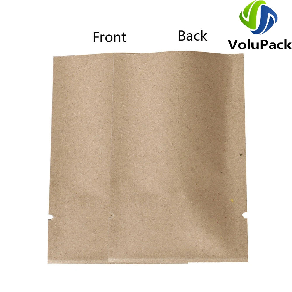 High-quality kraft paper and aluminum foil mylar storage bags with heat seal, open top design, for food packaging and preservation.