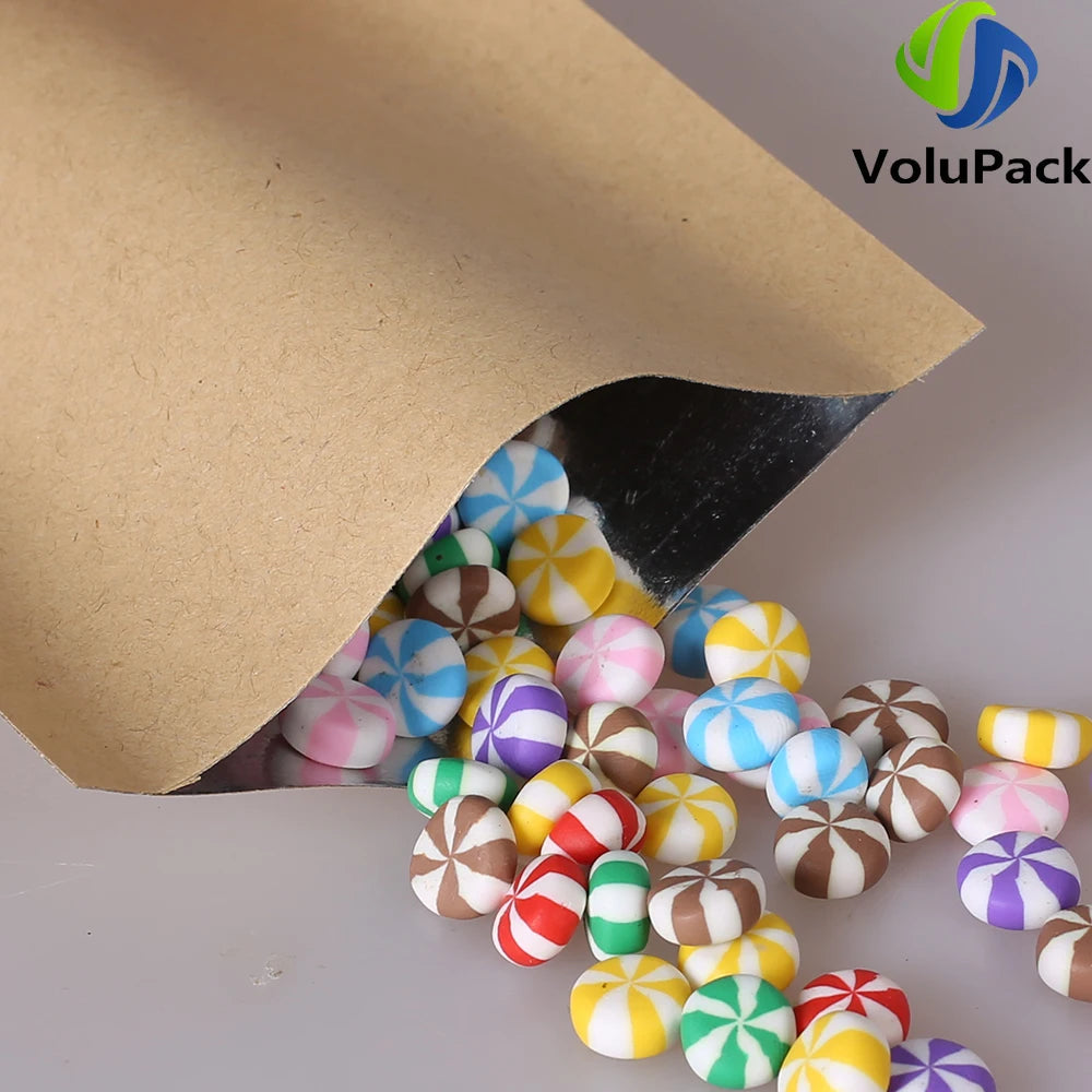 High-quality kraft paper and aluminum foil mylar storage bags with heat seal, open top design, for food packaging and preservation.