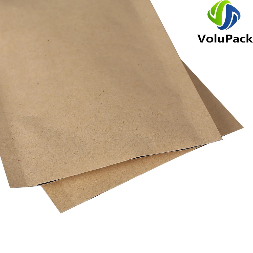 High-quality kraft paper and aluminum foil mylar storage bags with heat seal, open top design, for food packaging and preservation.