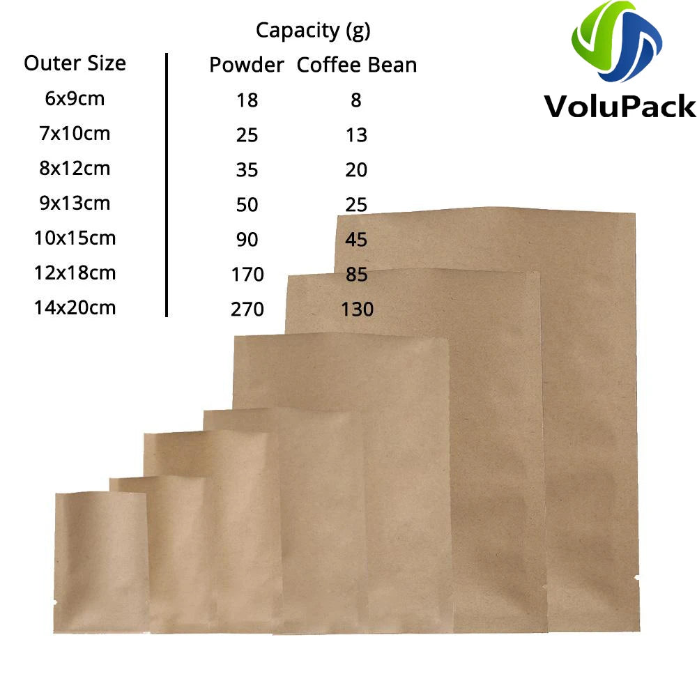 High-quality kraft paper and aluminum foil mylar storage bags with heat seal, open top design, for food packaging and preservation.