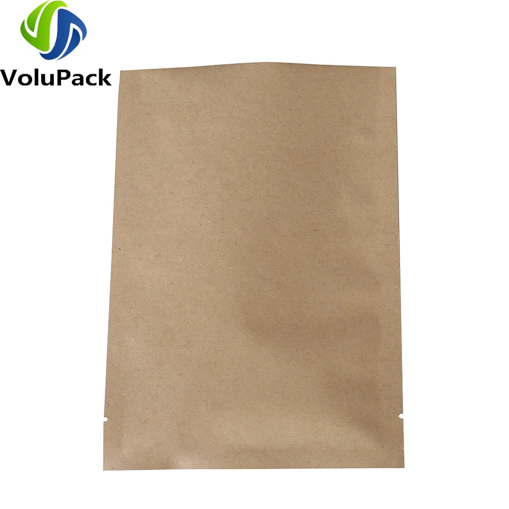 High-quality kraft paper and aluminum foil mylar storage bags with heat seal, open top design, for food packaging and preservation.