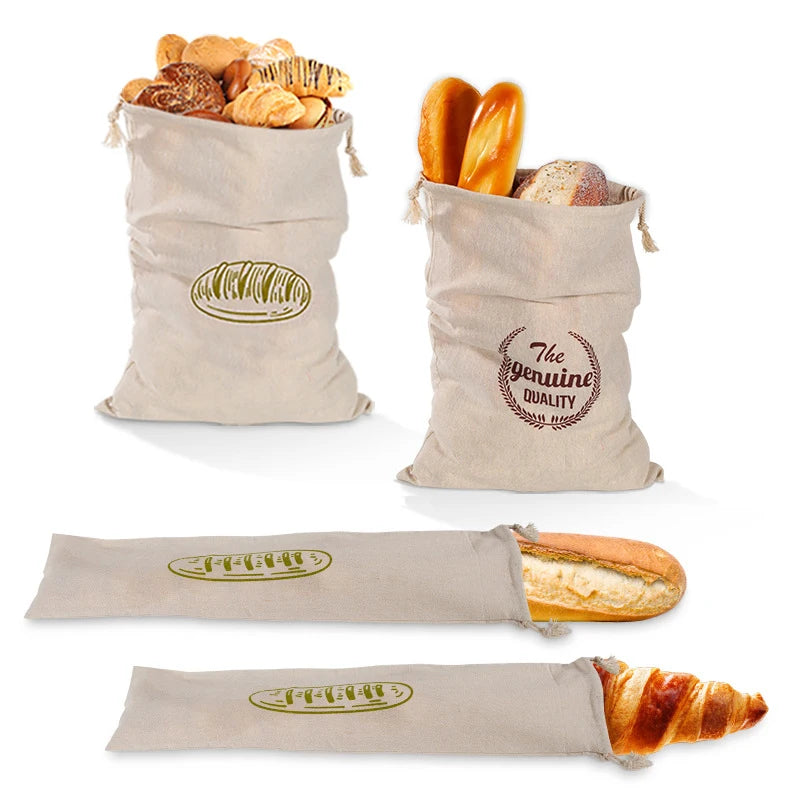EcoNest reusable linen bread bag with drawstring, holding artisan bread on kitchen counter
