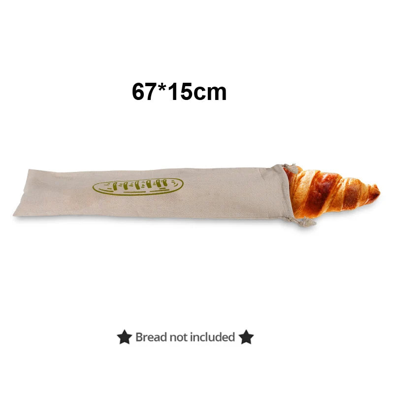 EcoNest reusable linen bread bag with drawstring, holding artisan bread on kitchen counter