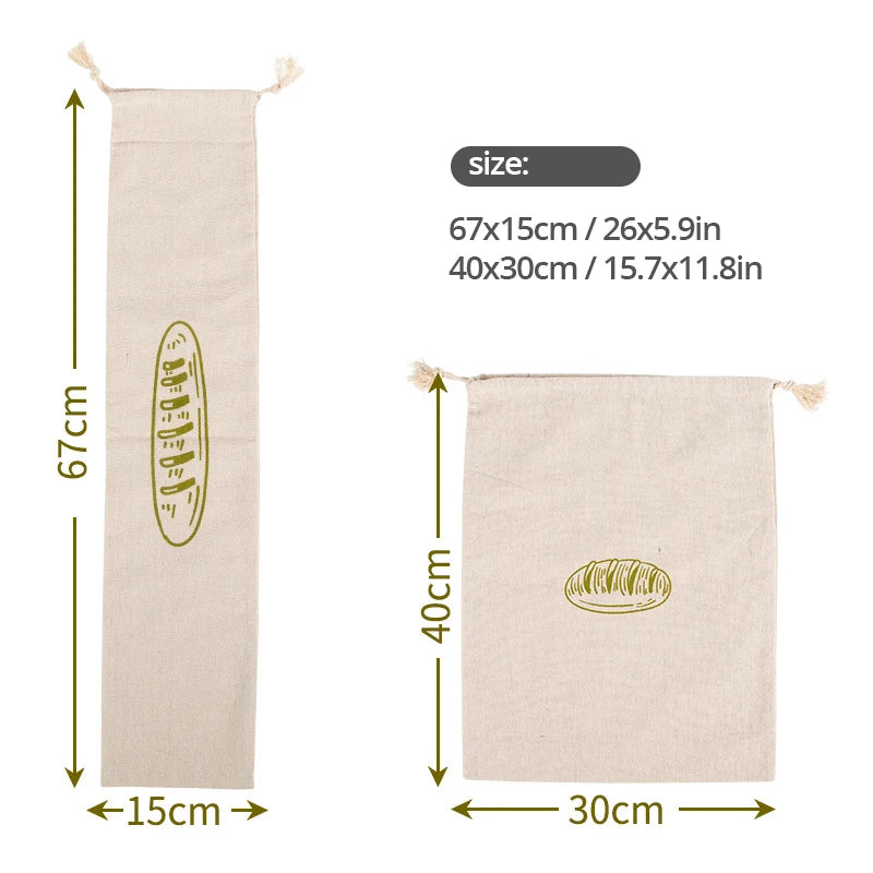 EcoNest reusable linen bread bag with drawstring, holding artisan bread on kitchen counter