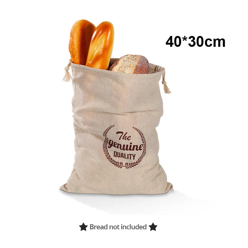 EcoNest reusable linen bread bag with drawstring, holding artisan bread on kitchen counter