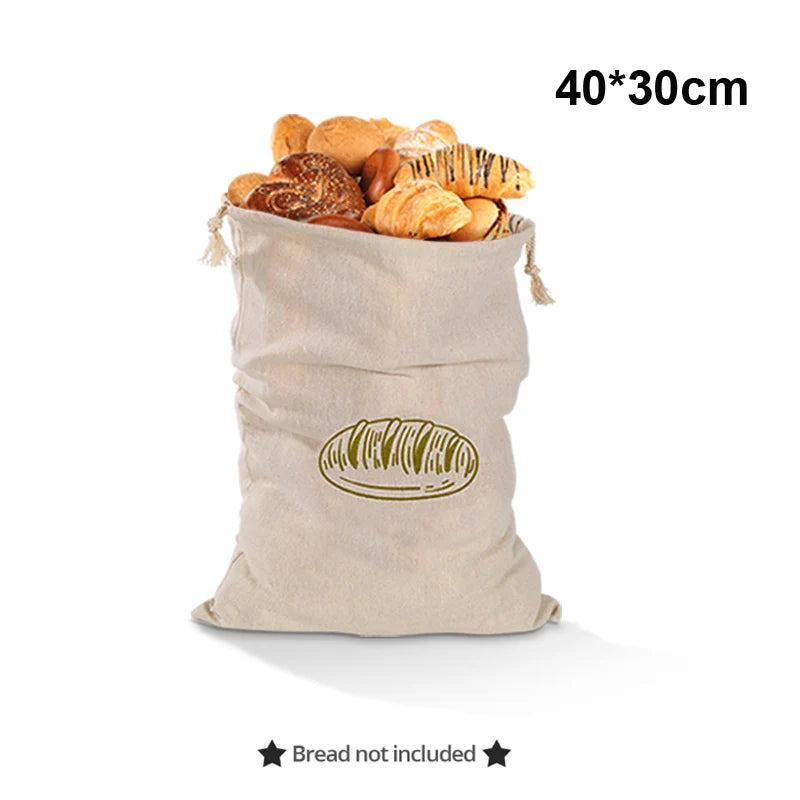 EcoNest reusable linen bread bag with drawstring, holding artisan bread on kitchen counter