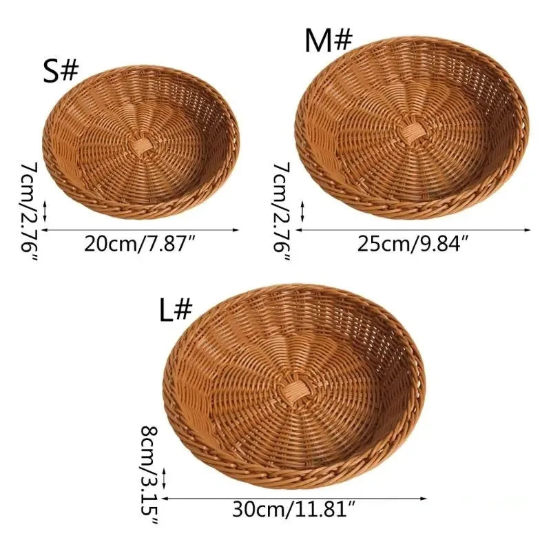 Three sizes of woven baskets with dimensions labeled on a white background