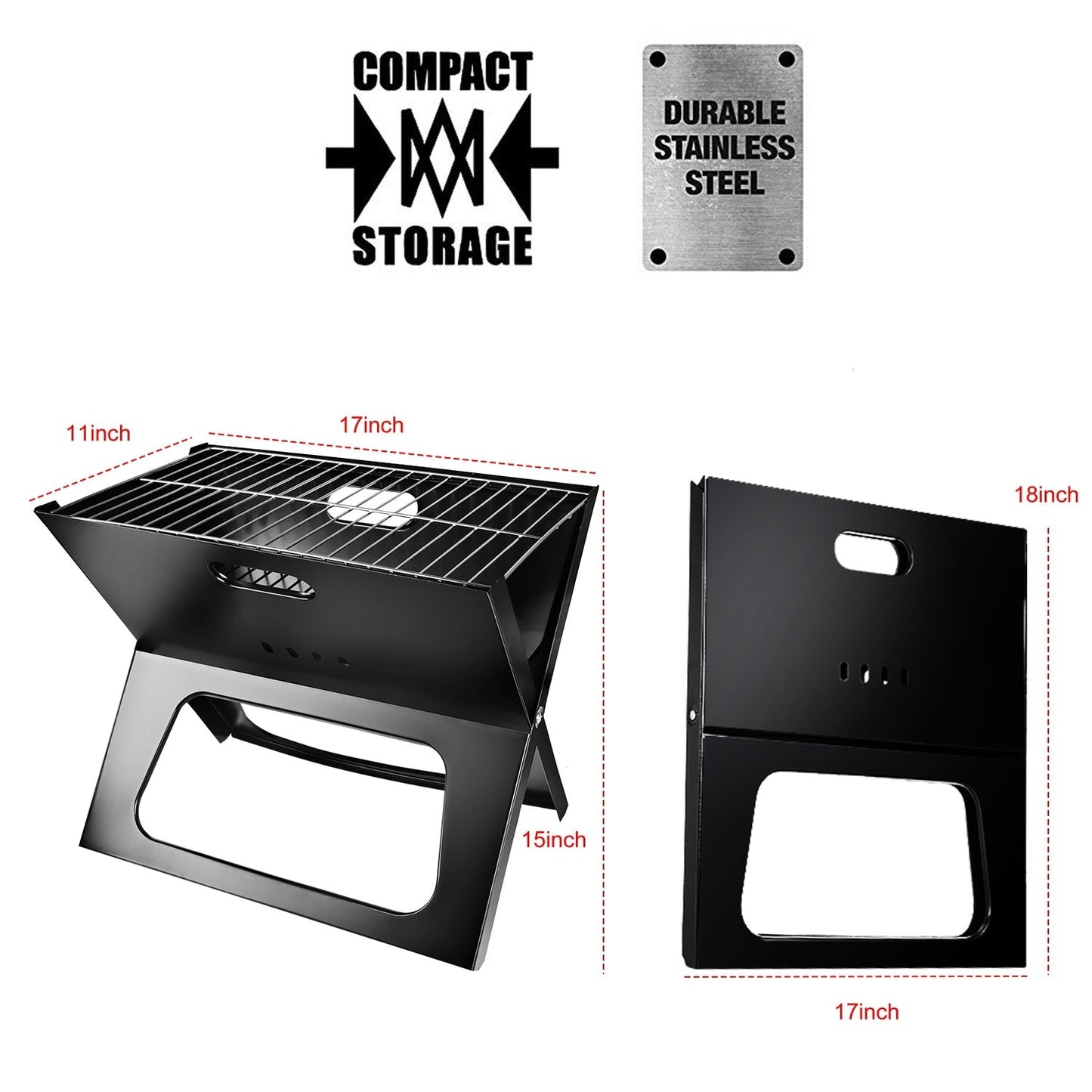 EcoNest Portable BBQ Grill set up outdoors, showcasing its foldable design, large cooking area, and durable construction, perfect for camping and picnics.