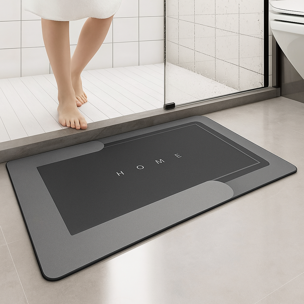 Gray bath mat with 'HOME' text on a bathroom floor, person stepping onto it.