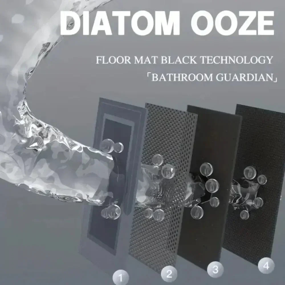 Diatom Ooze floor mat black technology advertisement with text and product images.