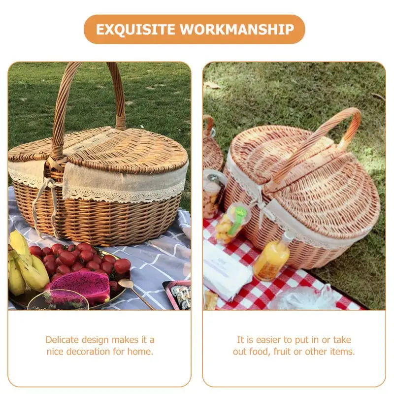 Wicker picnic basket with food items on a grassy background, emphasizing exquisite workmanship.