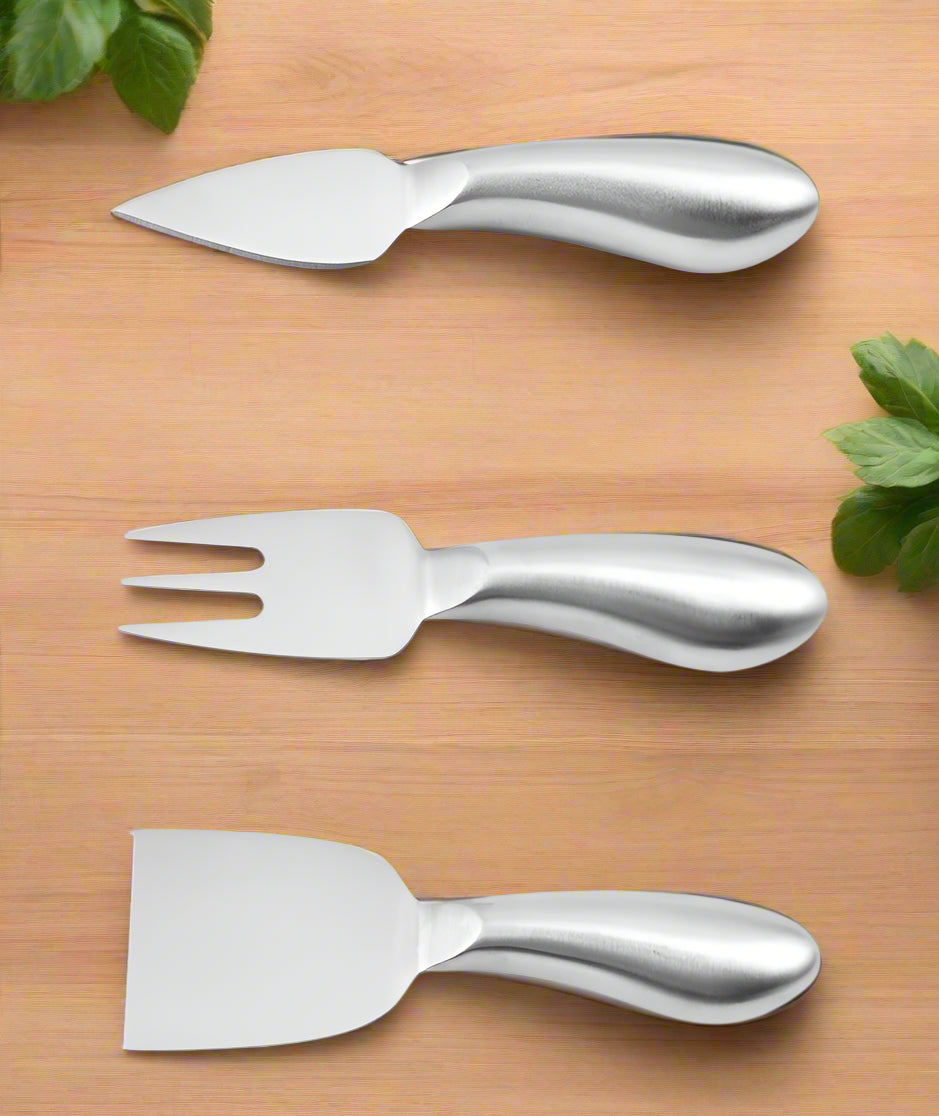 Three cheese tools with measurements on a white background