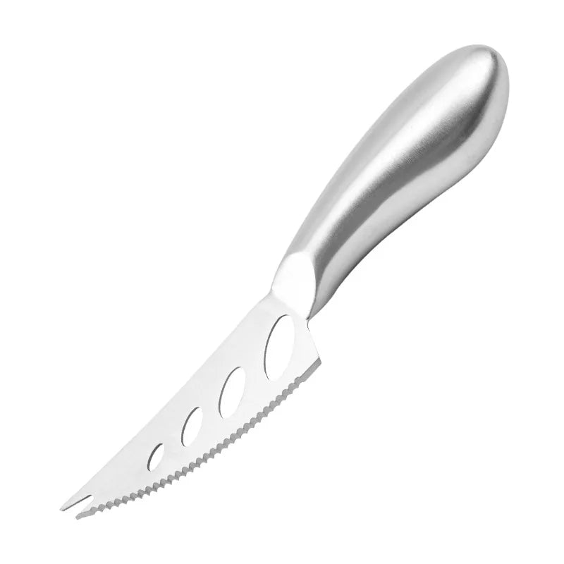 Metal cheese knife with a serrated blade on a white background