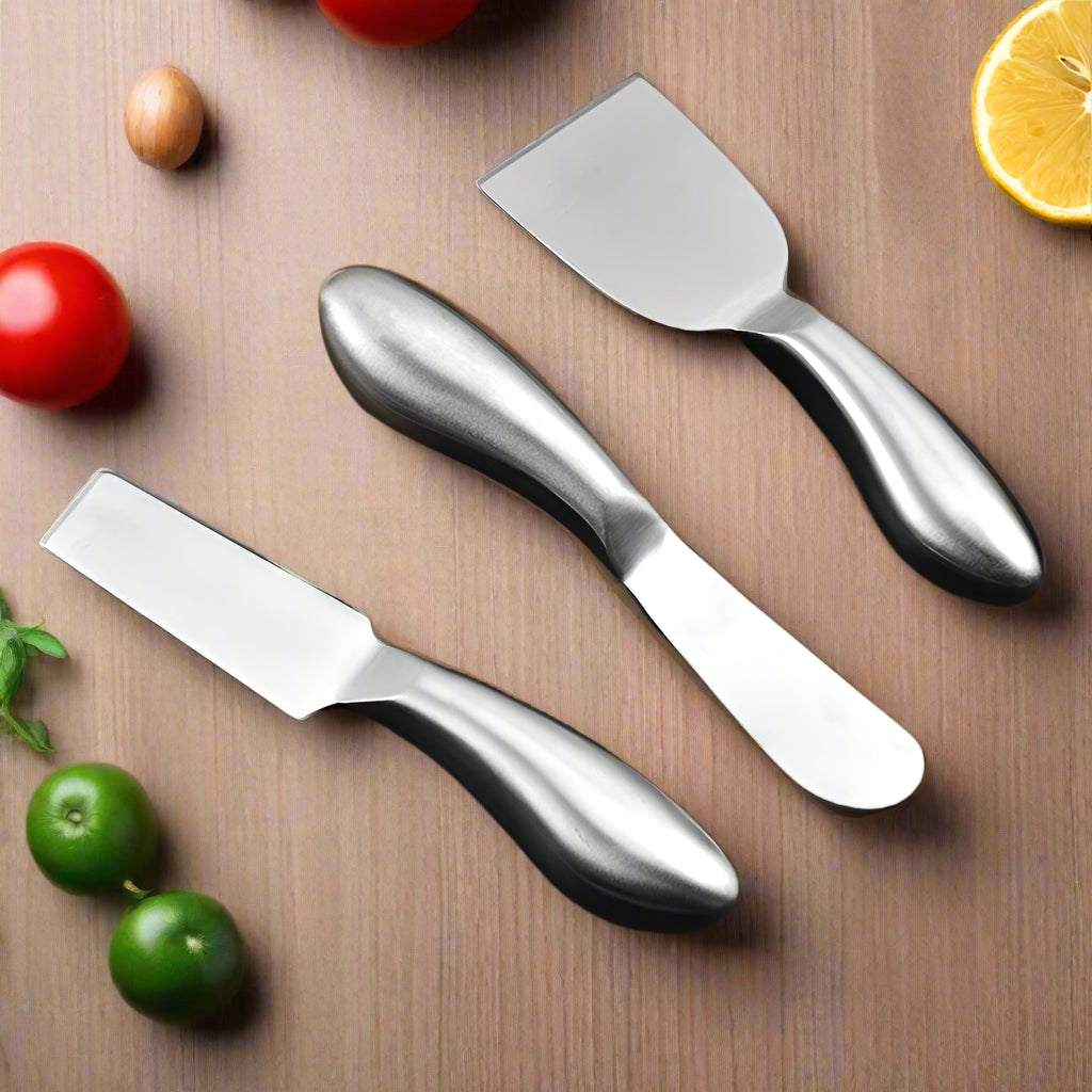 Three metal cheese knives on a dark surface with a wooden board and lemon slice in the background.