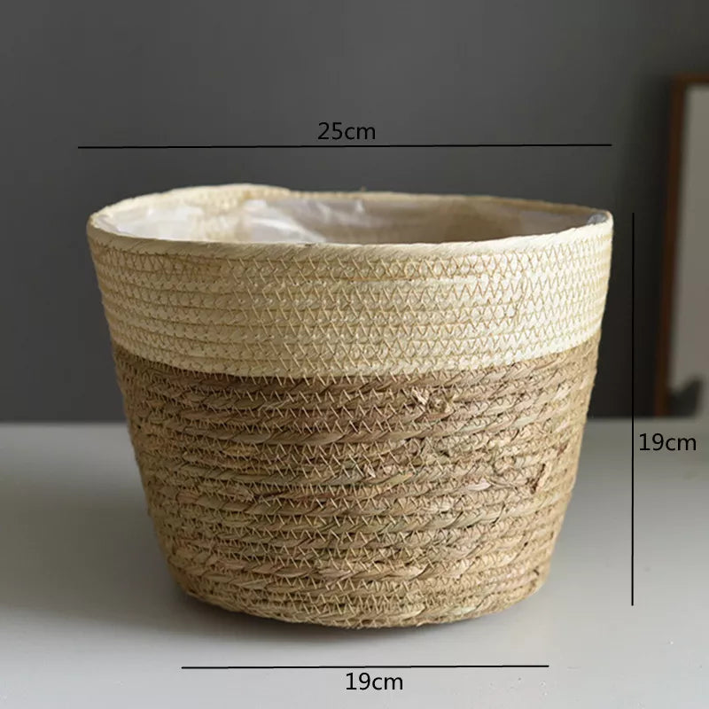 Woven basket with dimensions labeled on a neutral background