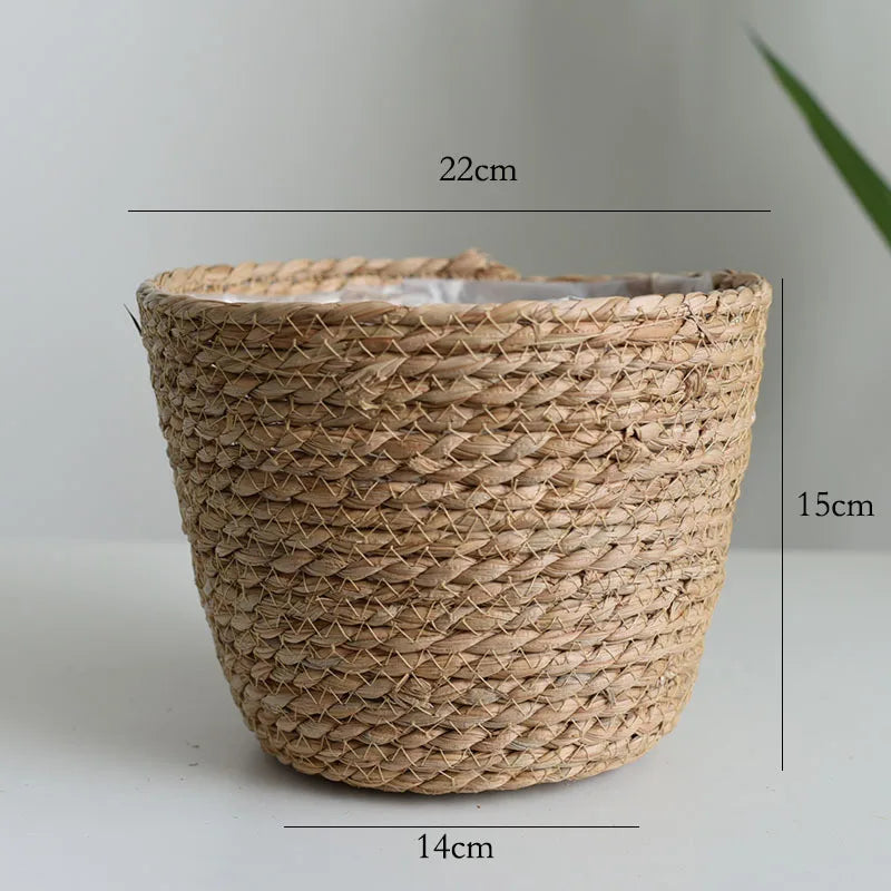 Woven basket with dimensions labeled on a plain background