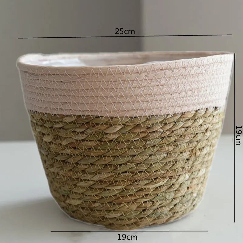 Woven basket with dimensions labeled on a plain background