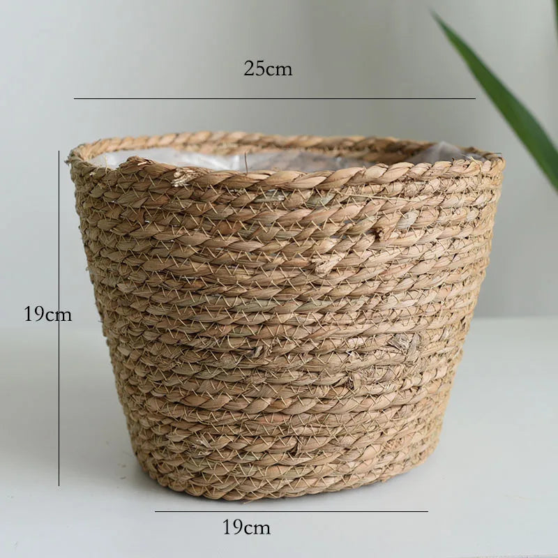 Woven basket with dimensions on a plain background