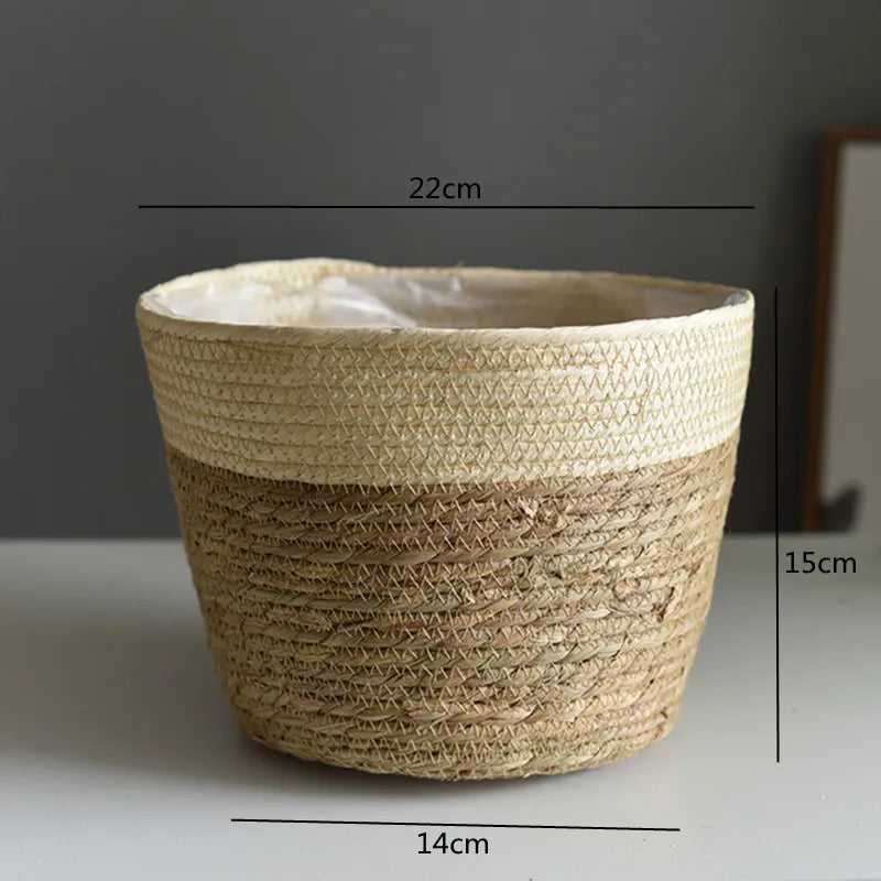 Woven plant pot with measurements on a plain background