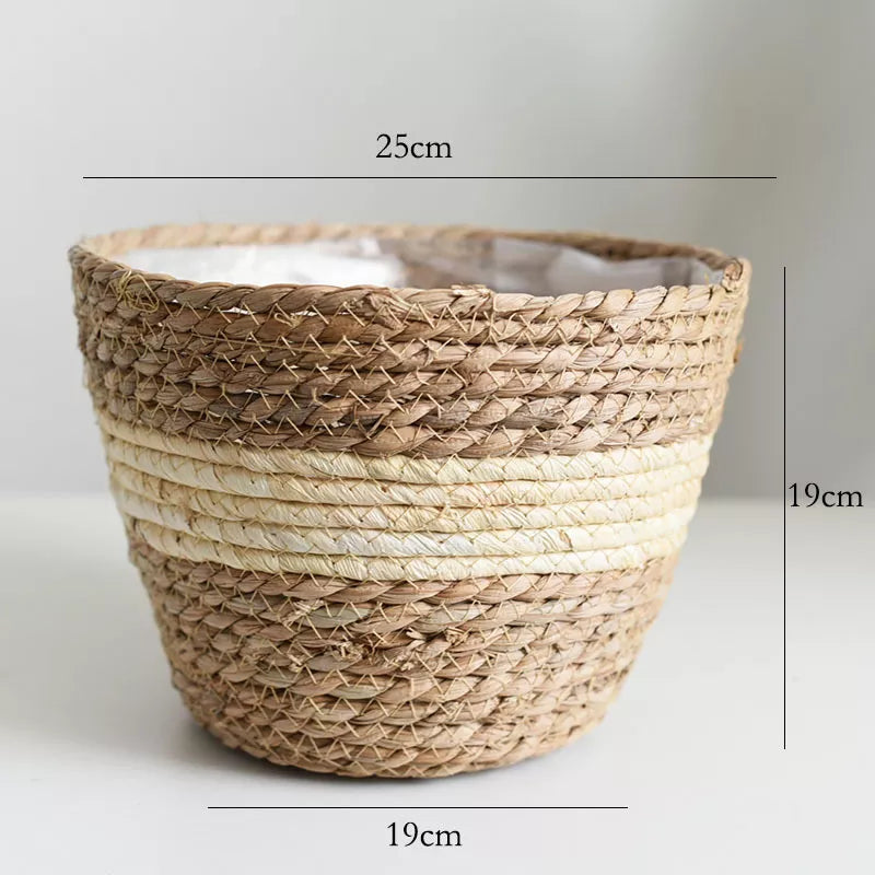 Woven basket with dimensions on a plain background