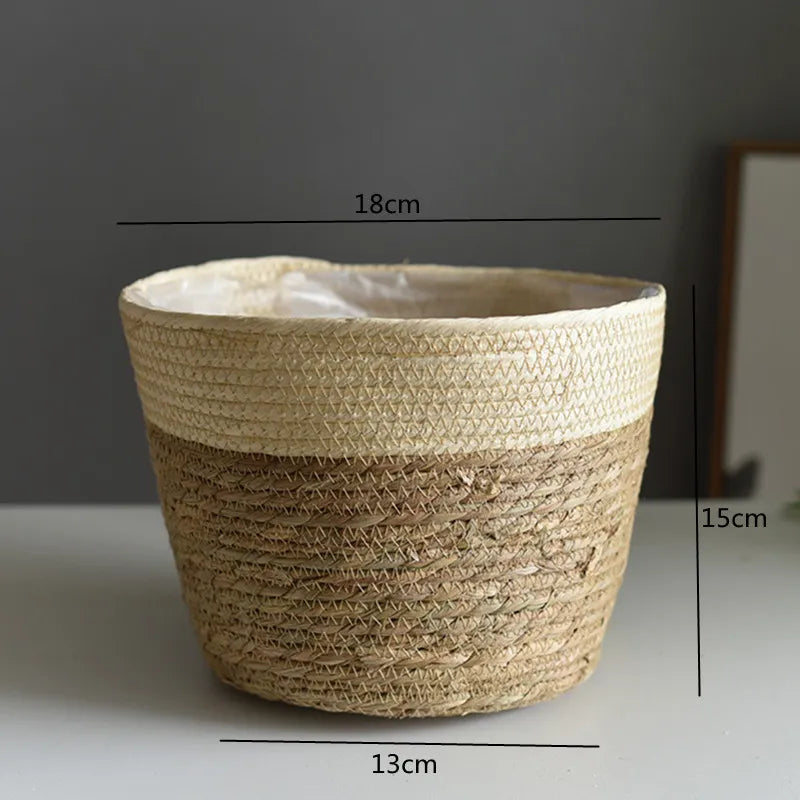 Woven basket with dimensions marked on a neutral background