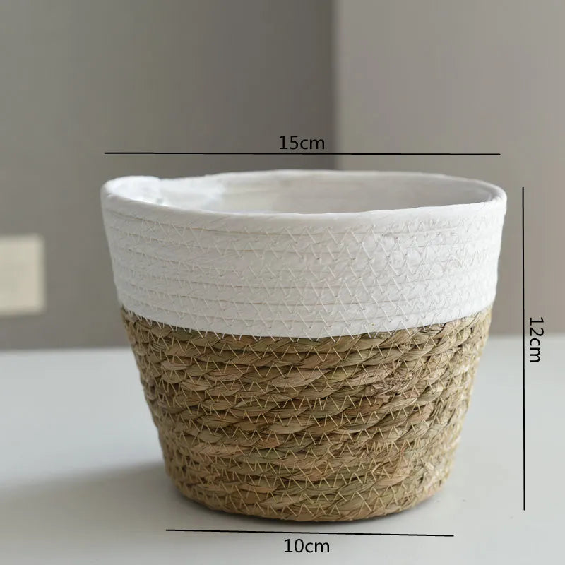 Woven basket with white top and brown bottom, shown with measurements on a plain background.