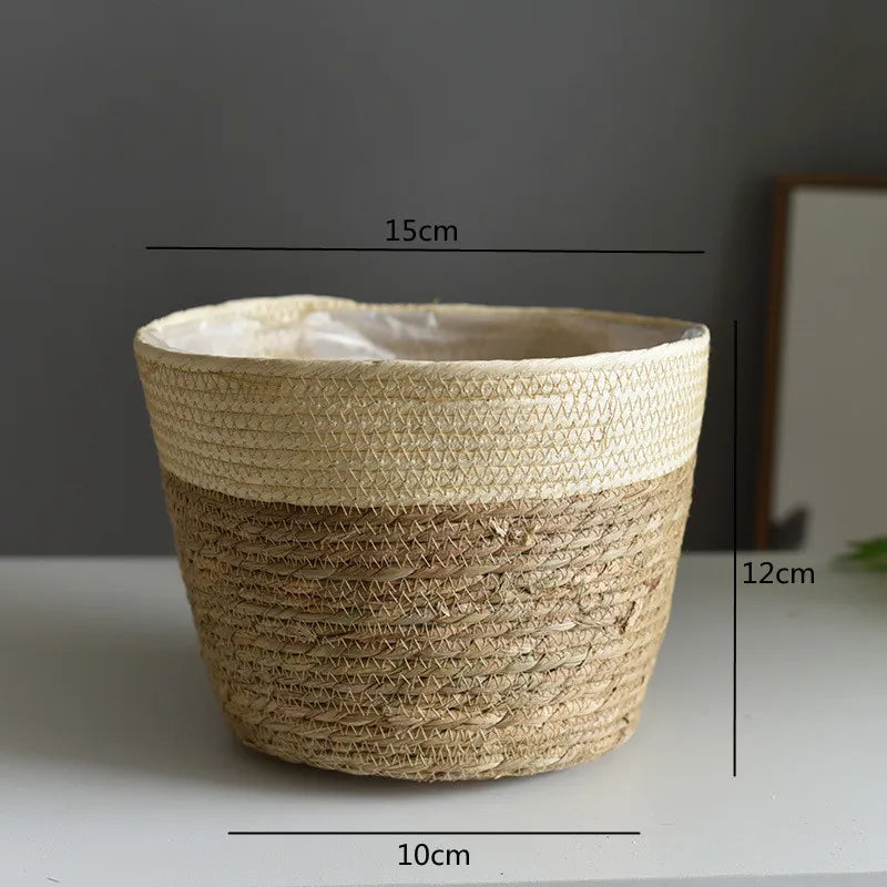 Woven basket with dimensions labeled on a neutral background