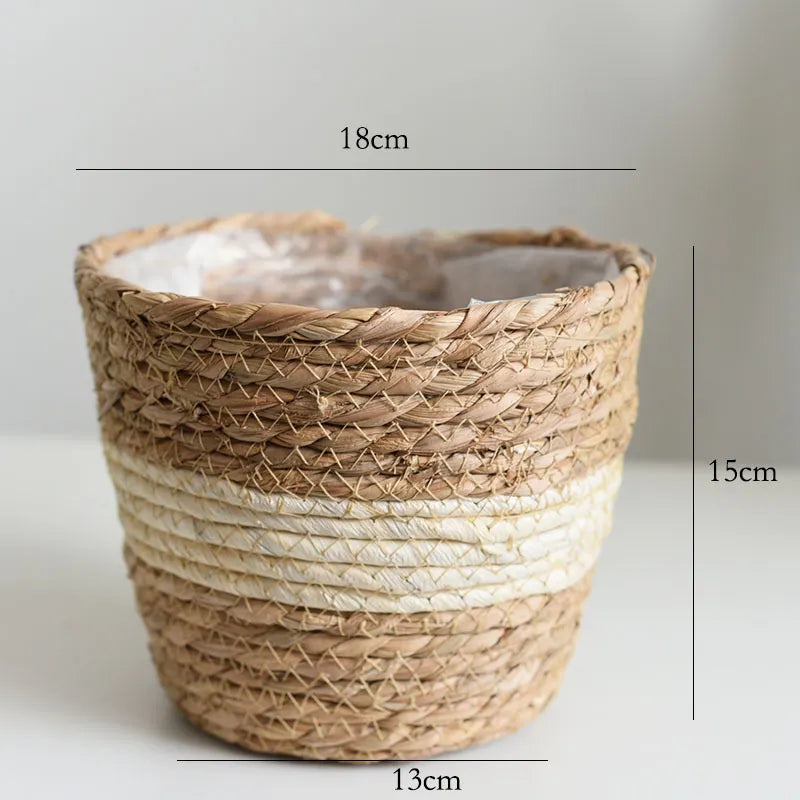 Woven basket with measurements on a plain background