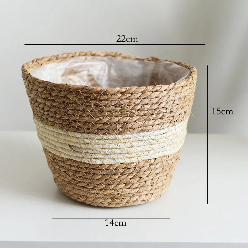 Woven basket with dimensions labeled on a plain background
