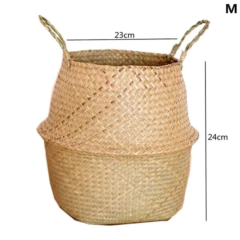 Woven basket with handles and dimensions on a white background