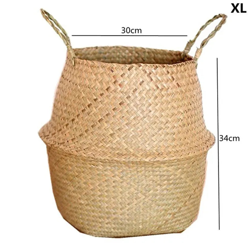 Woven basket with handles and dimensions on a white background