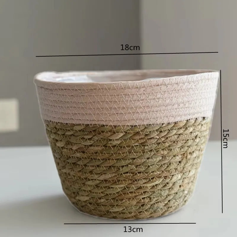 Woven basket with dimensions labeled on a plain background
