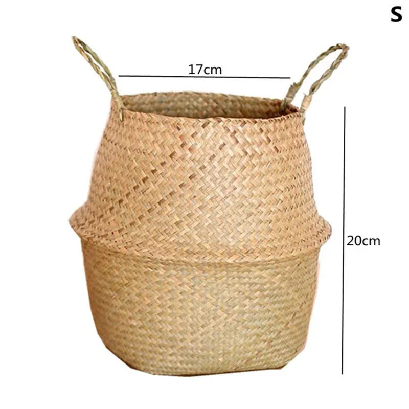 Woven basket with dimensions on a white background