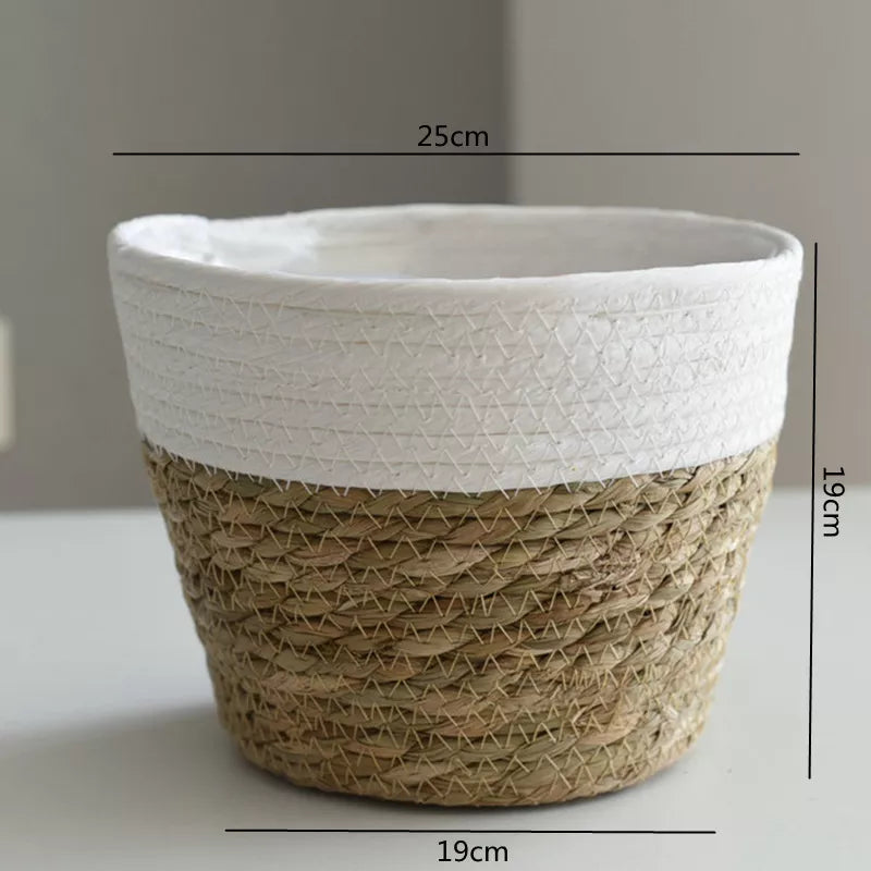 Woven basket with white top and brown bottom, shown with dimensions on a plain background