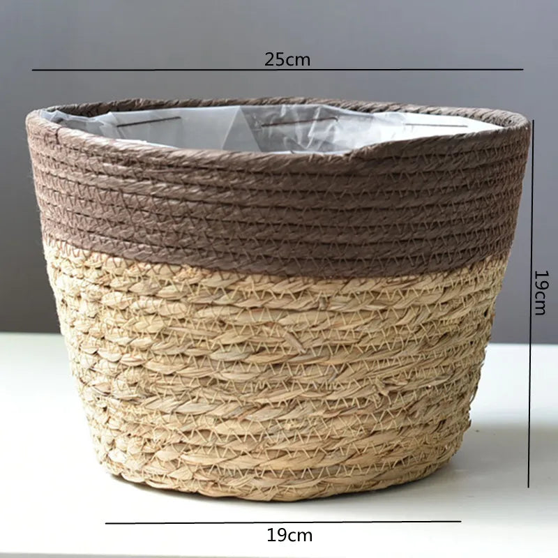 Woven basket with dimensions on a plain background