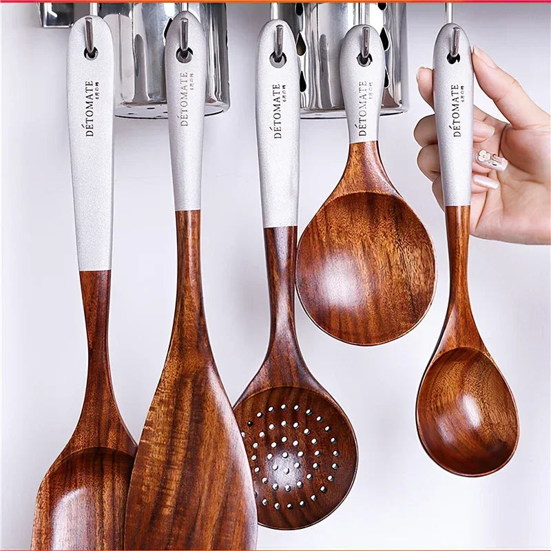 Solid teak wood rice scoop and spatula set for eco-friendly, stylish kitchen cooking and serving.