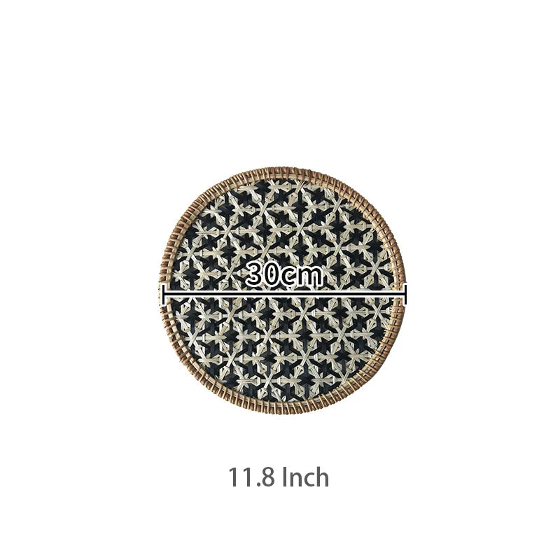 Round woven coaster with decorative pattern and measurement text on a white background